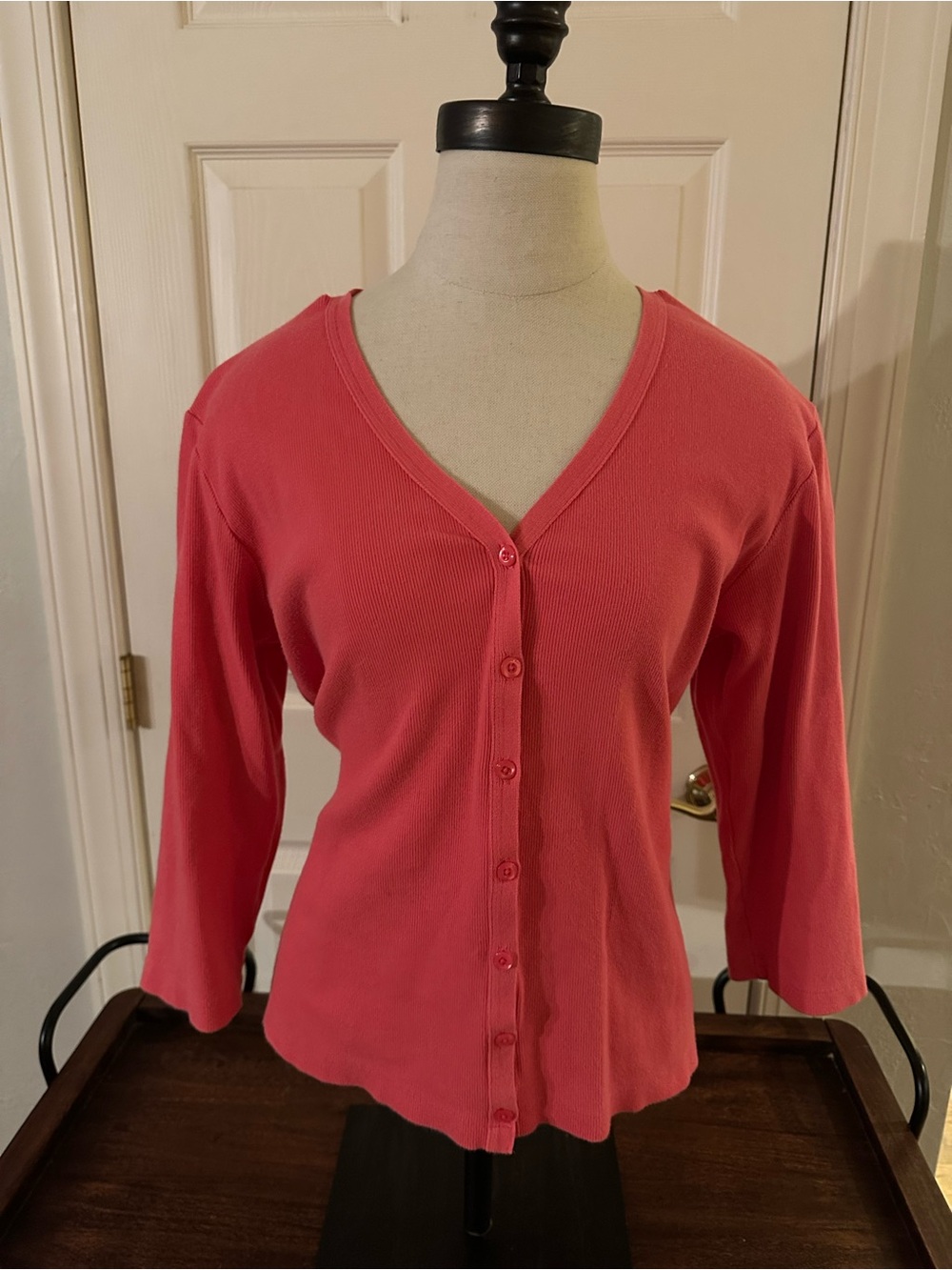 Talbots Coral Rose Pink Ribbed V-Neck Cardigan